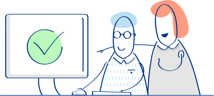Two persons pointing to monitor and smile